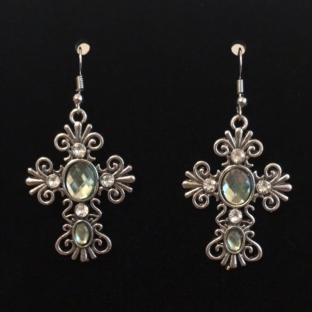 Rhinestone Cross Earrings - Light Green